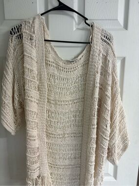 American Eagle Outfitters Cream Open Knit Fringe Cardigan